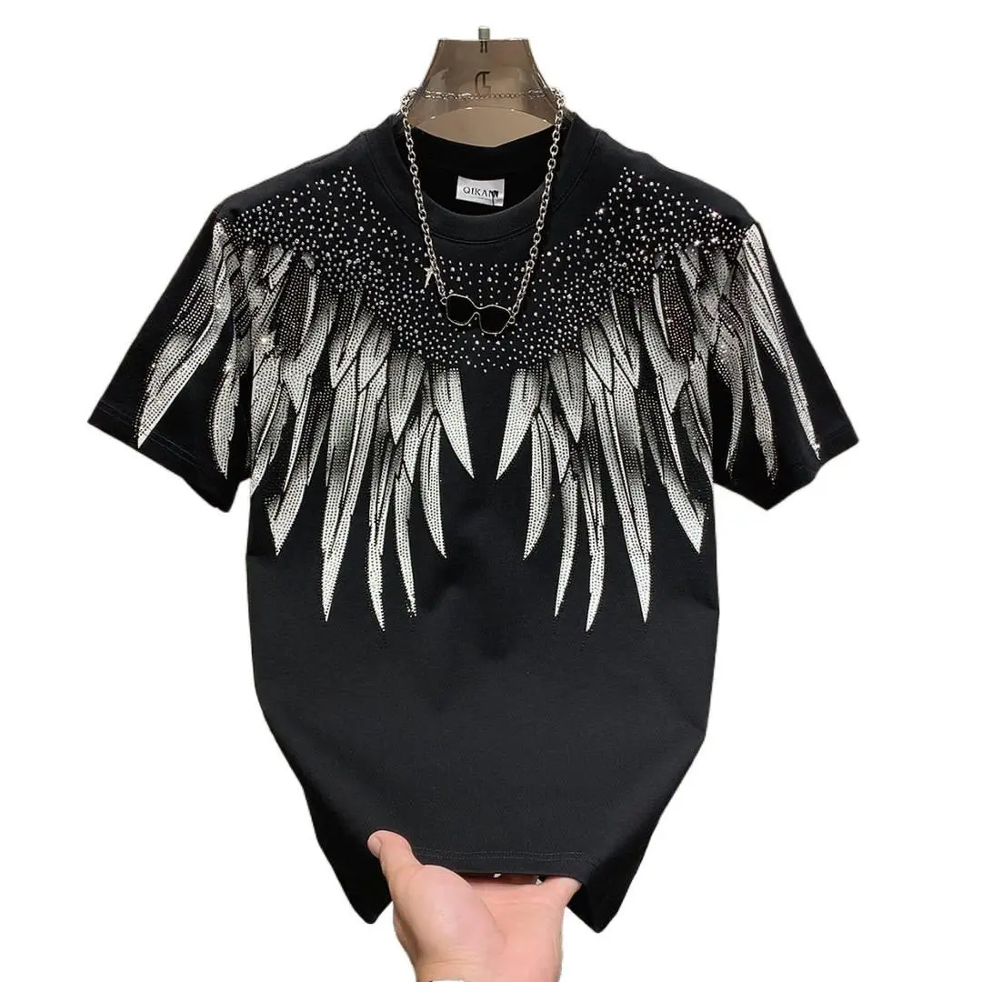 Men’s Wing Graphic Rhinestone T Shirt, American Streetwear Crew Neck Short Sleeve Tee, Loose Fit Lightweight Summer Fashion Top for Party, Club, Festival, Travel and Daily Wear M-4XL