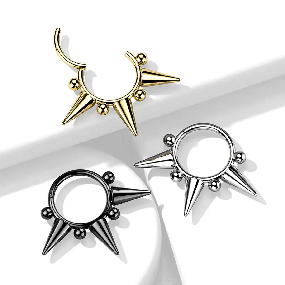 18 and 16 gauge medical steel hinged segmented ring with three ball spikes, piercing jewelry, nose ring for nose ear cartilage，unisex