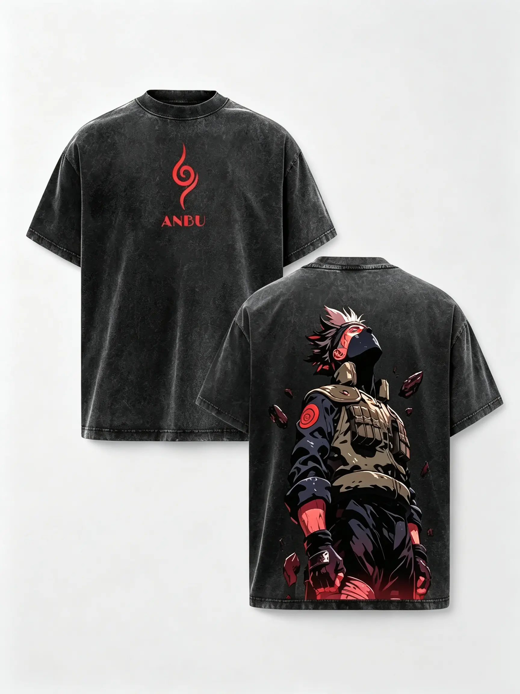 Naruto Kakashi ANBU Double Printed Naruto Anime Vintage Washed Tee, Unisex Oversized Heavyweight Cotton T-shirt for Anime Fans | 90s Graphic American Casual Short Sleeve Tee | Premium Soft Cotton Classic Unisex T-Shirt for Daily, Gym & Streetwear Breathab