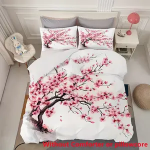 Romantic Cherry Blossom Bedding Set, Soft Digital Print Sheet Set, Zipper Design, Perfect for Bedroom & Valentine's Gift