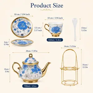 20pcs Porcelain Floral Espresso Tea Set with Metal Holder and Teapot European Ceramic Turkish Coffee Cup and Saucers Luxury Arabic Ceramic Tea Cups for Espresso Cappuccino Latte Mocha Gift for Afternoon Tea And Gift