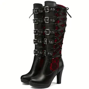 Women's Lace Knee-High Combat Boots with Buckle Strap, Chunky Heel and Side Zipper-Versatile Punk Style Platform Boots, Suitable for Dress and Casual Wear