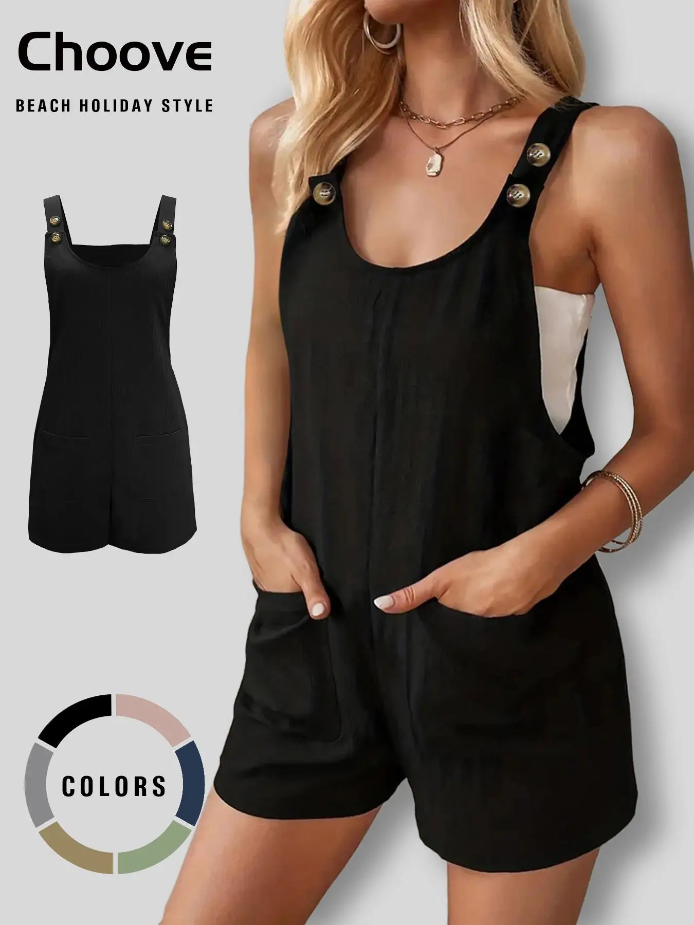 Women's Button Pocket Tank Romper without Tube Top, Basic Fitted Casual Scoop Neck Sleeveless Romper, Summer Overalls, Fashion Women's Clothes for Dai