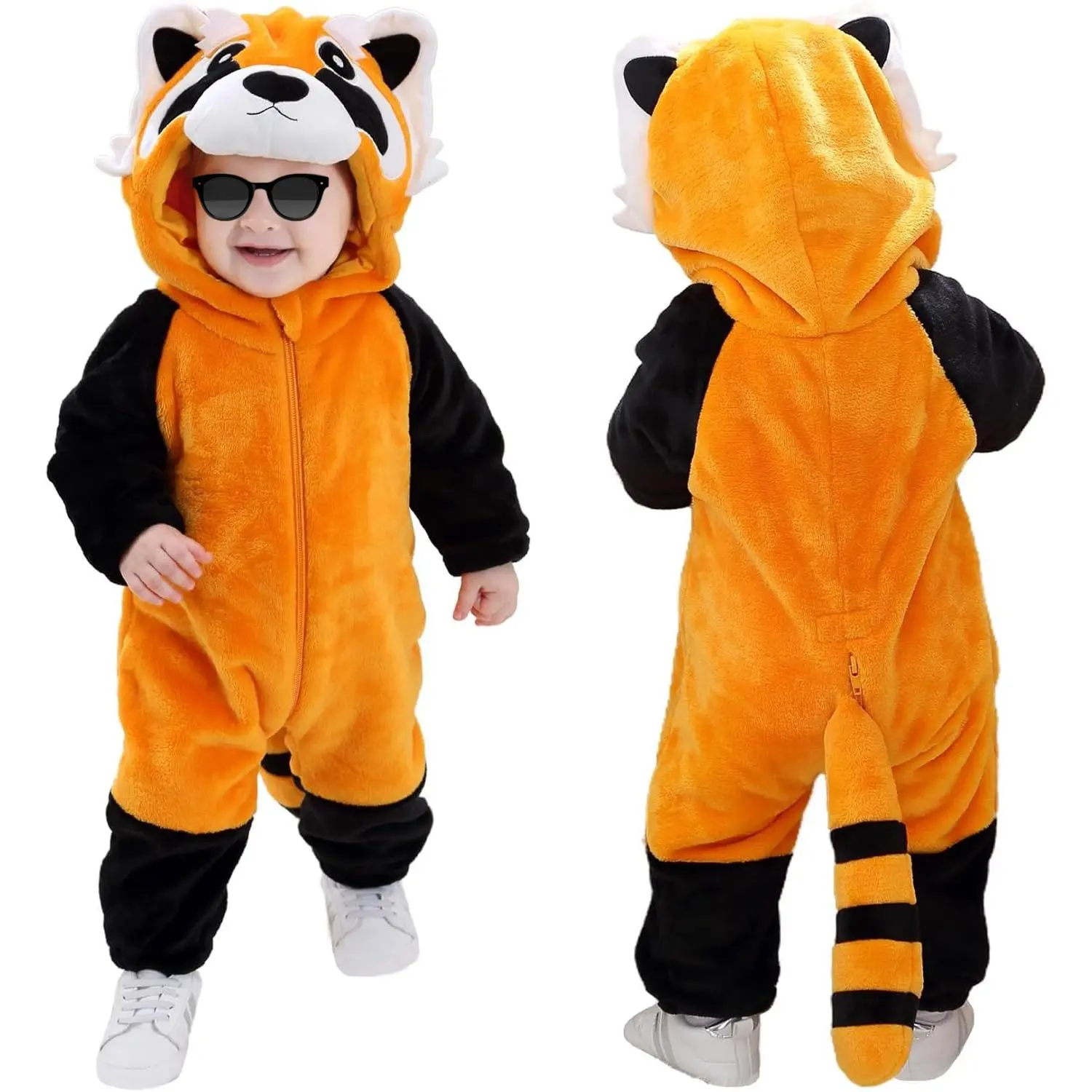 Unisex Baby Raccoon Animal Romper, Warm Flannel Character Hoodie, Toddler Sleepwear, Cosplay Outfit for Halloween, Birthday Party, Animals, Characters, Long Sleeve, 18 - 24 Months, One-Pieces