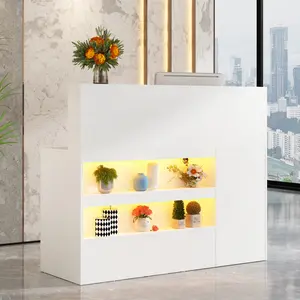 47"/55"/63" Reception Desk with LED Lights Power Outlets,L-Shaped Modern Front Desk Reception Room Table with Cable Grommet,Lockable Drawers,Retail Checkout Counter for Lobby,Salon,Home Office Desk,Oak/White