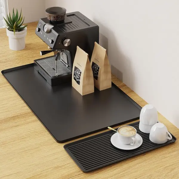 Countertop Mat with Raised Edges 24 x 16 Silicone Mat for Ice Maker Water Dispenser Coffee Maker Utensils Kitchen Dish Drying Mat Zone Divided Design Easy to Clean Durable Black Coasters Tableware