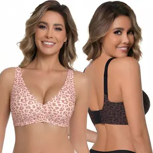 Leopard Jelly Seamless Deep V-Neck Bra, Soft Wireless Push-Up Bralette with Wide Straps, Smooth Lingerie for Everyday Comfort and Support