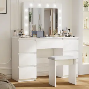 Large Vanity Desk with Hollywood Lighted Makeup Mirror, White Vanity Dressing Table Set with 7 Drawers, 12 LED Bulbs, 3 Lighting Modes Vanity Table for Bedroom