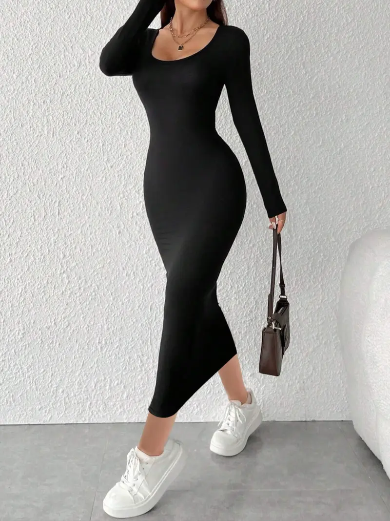 knee length dresses for ladies Anika Long Sleeve Bodycon Midi Dress • American Threads Young Women's Fashion Black / M main image 0