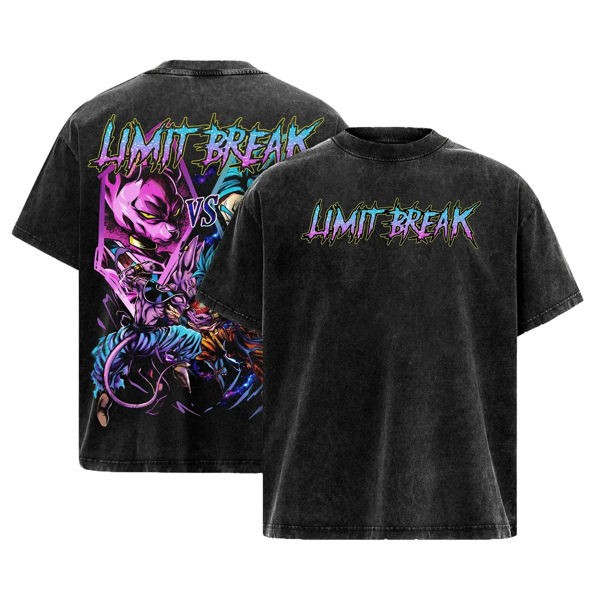 Limit Break Kakarot vs Beerus Vintage Washed Graphic T-Shirt Oversized Anime Shirt Saiyan God Battle Retro Streetwear Tee Heavyweight Cotton Gym Pump Cover for Men Women Japanese Anime Apparel Y2K Aesthetic Goku Manga Cosplay Clothes Casual Top Gifts