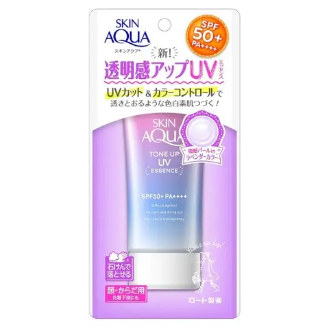 Rohto Skin Aqua Lavender Tone-Up UV Essence - Adult Daily Body Sunscreen (80g), SPF 50 Broad Spectrum PA++++, Body Care Sun Protective UV Protectant, Hyaluronic Acid Moisturizer for Sensitive Skin, Lightweight Hydrating Solution for Uneven Tone