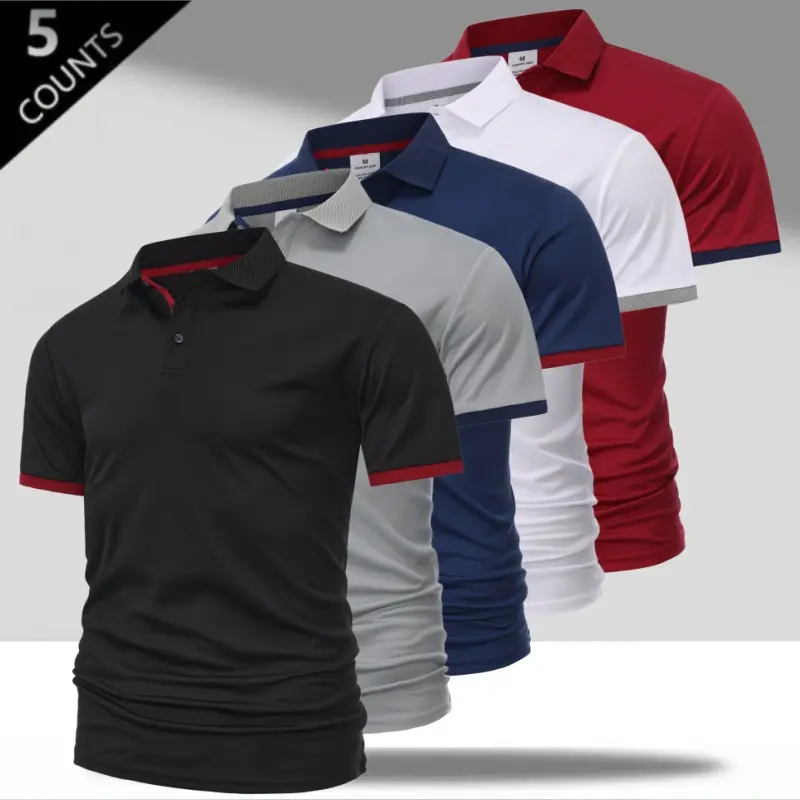 Men’s 5-Pack Quick-Dry Polo Shirts with Contrasting Collar & Cuffs – Cool-Touch Mesh, Breathable, Moisture-Wicking, Stretch, Anti-Pill, Flattering Fit