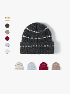 Women's Knitted Wool Blend Hat, Japanese Korean Striped Design, Thick Warm Winter Fashion Accessory, Daily Wear for Women