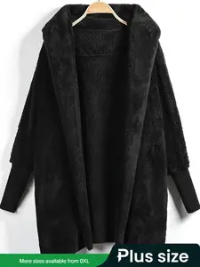 Plus Size Plush Coat for Women, Warm Thick Mid-Length Loose Fit Fleece Fabric Jacket, Casual Spring & Fall Outerwear, Soft and Cozy Design Womenswear