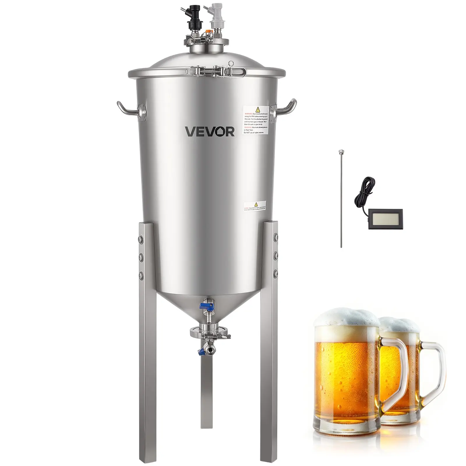 VEVOR Pressure Fermenter 15 PSI, 8 Gal/30L All-in-One Stainless Steel Conical Secondary Fermentation Bucket, for Wine, Beer Brewing Equipment