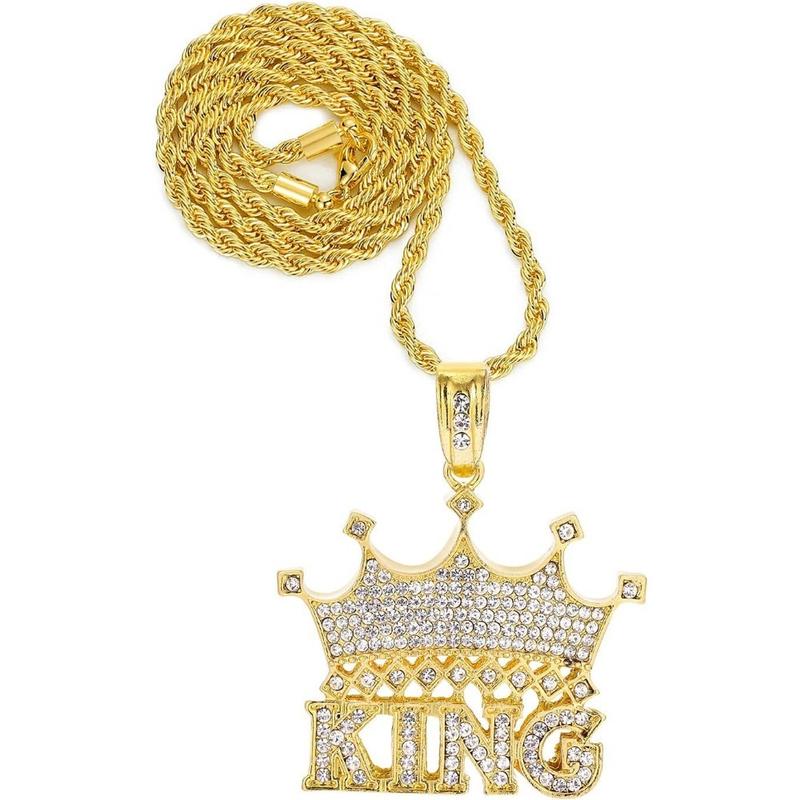 14k Gold Silver Plated Hip Ho Rapper Pendant Chain Necklace for Men-Iced Out Diamond King Pendant with 22 Inch Rope Tennis Chains