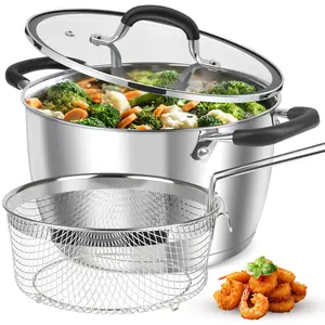 6 Quart Stainless Steel Stock Pot with Lid, Deep Fryer Basket for Kitchen Colander Frying Cooking Steaming, 6QT Large Stock Pot for Cooking, Induction Ready, Compatible with All Stoves