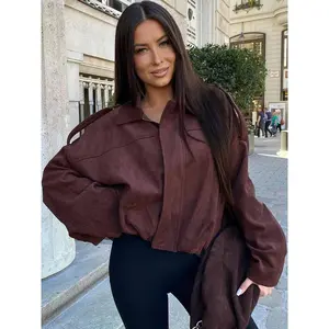 Women’s suede bomber jacket for autumn/spring 2026 — cropped, batwing sleeves, zip closure, oversized, solid color; chic women’s streetwear outerwear