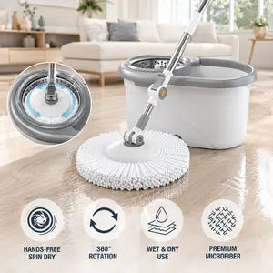 Spin Mop Round 360 Rotating Hands Free Wringing Wet Dry Floor Cleaning Tool with Dual Drive System Microfiber Pad for Tile Wood Marble Concrete Floor Home Essentials Household Items Apartment Stuff Bathroom Accessories Floor Mop Cleaning