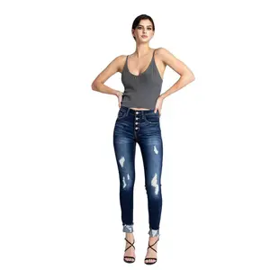 Kancan - Women's High Rise Button Fly Distressed Super Skinny Jeans - kc6192 - Final Sale
