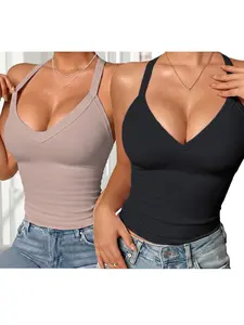 2pcs Set of Women's V-neck Padded Ribbed Halter Tops, Suitable for Both Layering and Wearing as Outerwear. Ideal for,,, and Casual S Wear.
