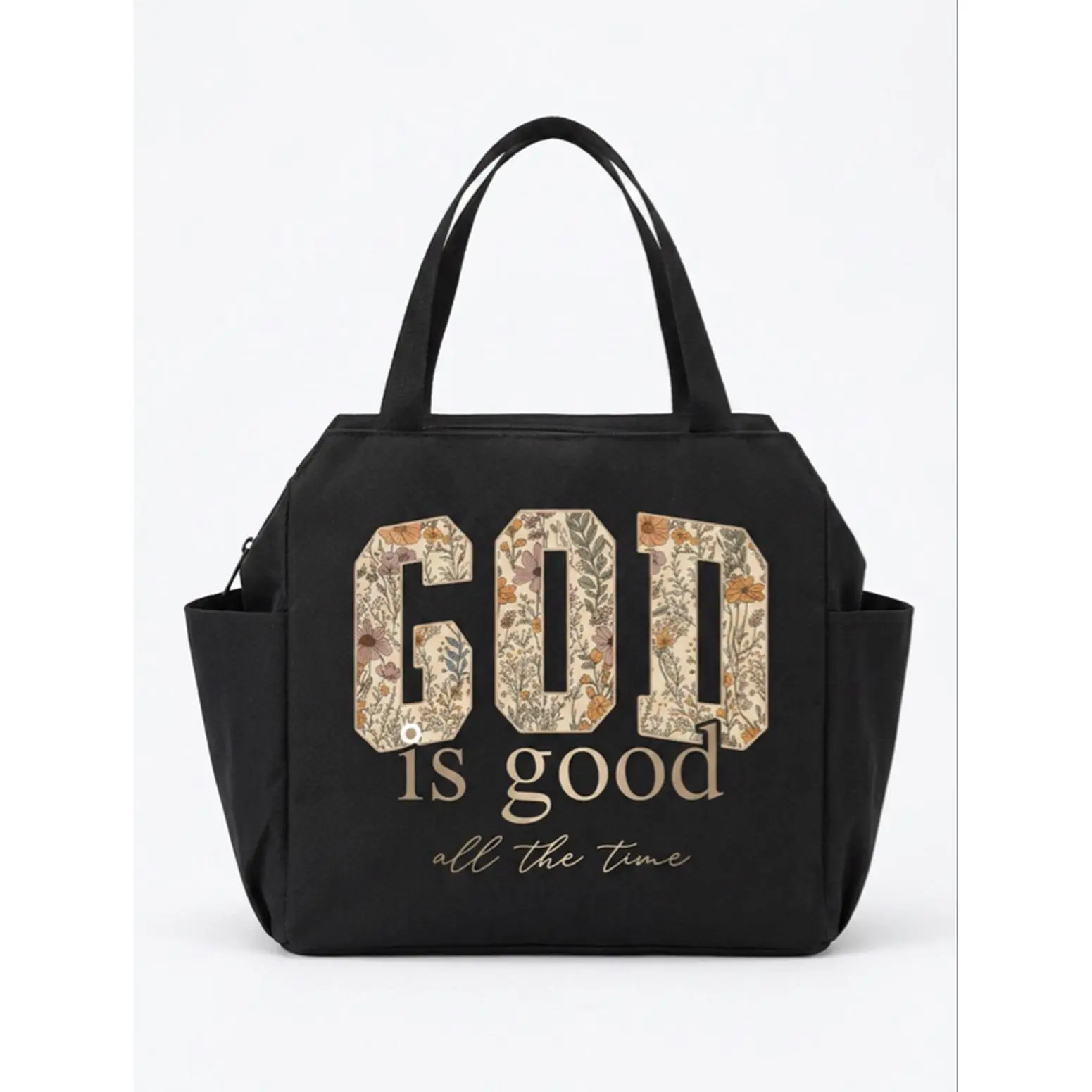 God is Good All the Time Work Bag - Black with Floral Design and Pockets