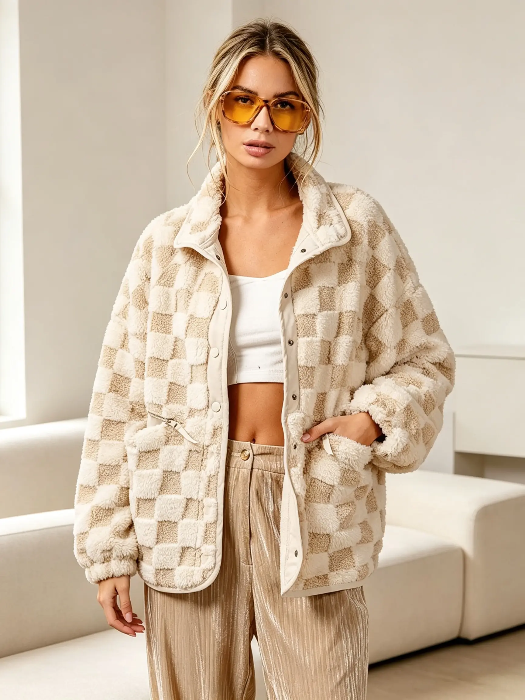 Women's Oversized Sherpa Jacket, Colorblock Plaid Fleece Lined Winter Coat with Pockets and a Snap Front, School, Girlfriend, Athletic, Business, Drop Shoulder, Artificial Fiber Women's Fleece Jackets, Button Front, Baggy, Lady, Preppy/Korean, Long, For C