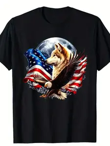 Patriotic Wolf and Eagle T-Shirt Black American Flag Full Moon Graphic Design for Independence Day Celebrations