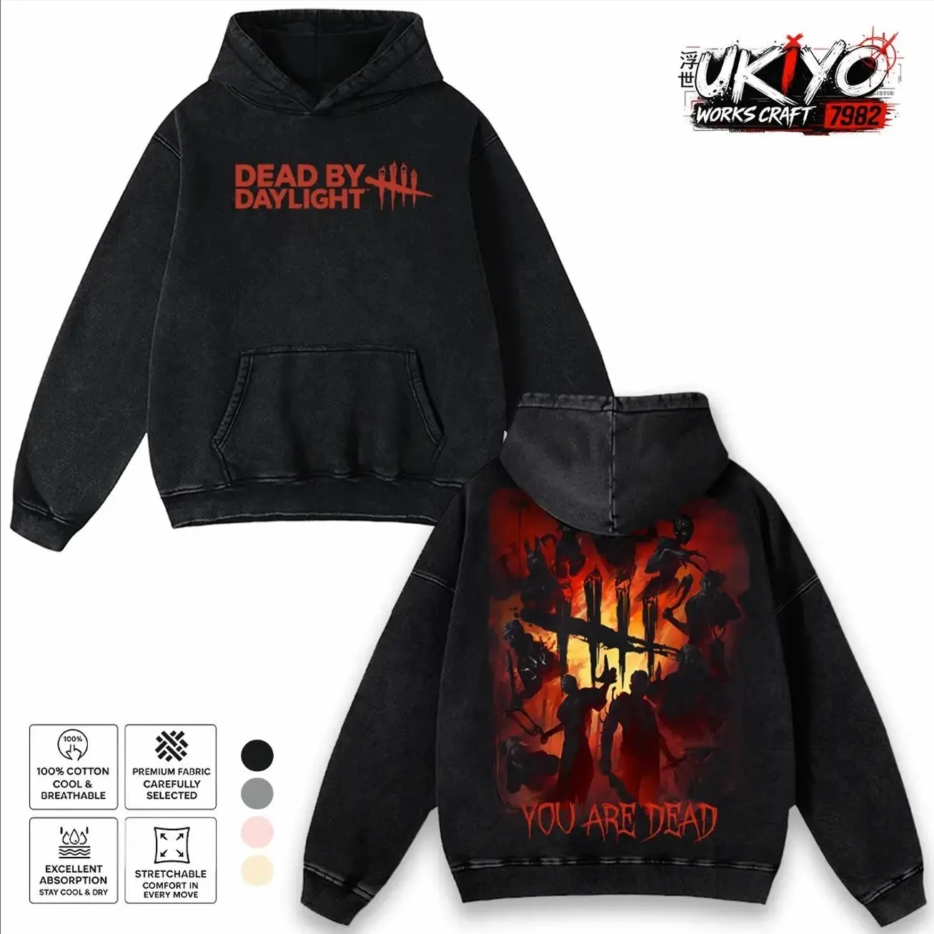 Dead by Daylight Hoodie & T-Shirt Killers Ensemble Graphic, Vintage Acid Wash Apparel, Survival Horror Game Merch, Fiery Entity Pullover, Unisex Cotton Top L0Y