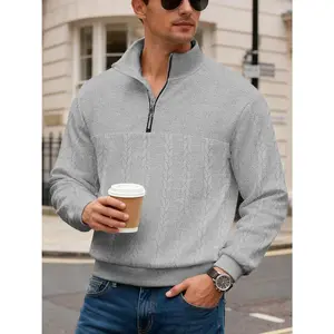 Mens Quarter Zip Sweater Men Quilted Sweatshirt Pullover Knit Long Sleeve Mock Neck Sweatshirt