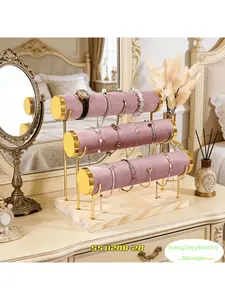 1-Pack 3-Tier Velvet Bracelet Stand, Detachable Rod Jewelry Organizer, Hanging Jewelry Storage & Organizer for Bracelets & Watches, Suitable for Travel & Home Use (Beige/Pink)