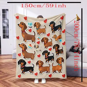Heart Sausage Dog Blanket, Digital Print Soft Warm Polyester Fiber, Perfect for Camping Sofa Travel, Office Nap Blanket