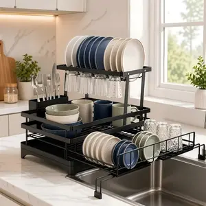 Foldable Over Sink Dish Drying Rack｜Pull-Out 2-Tier Dish Drainer with Utensil Holder｜Space Saving Kitchen