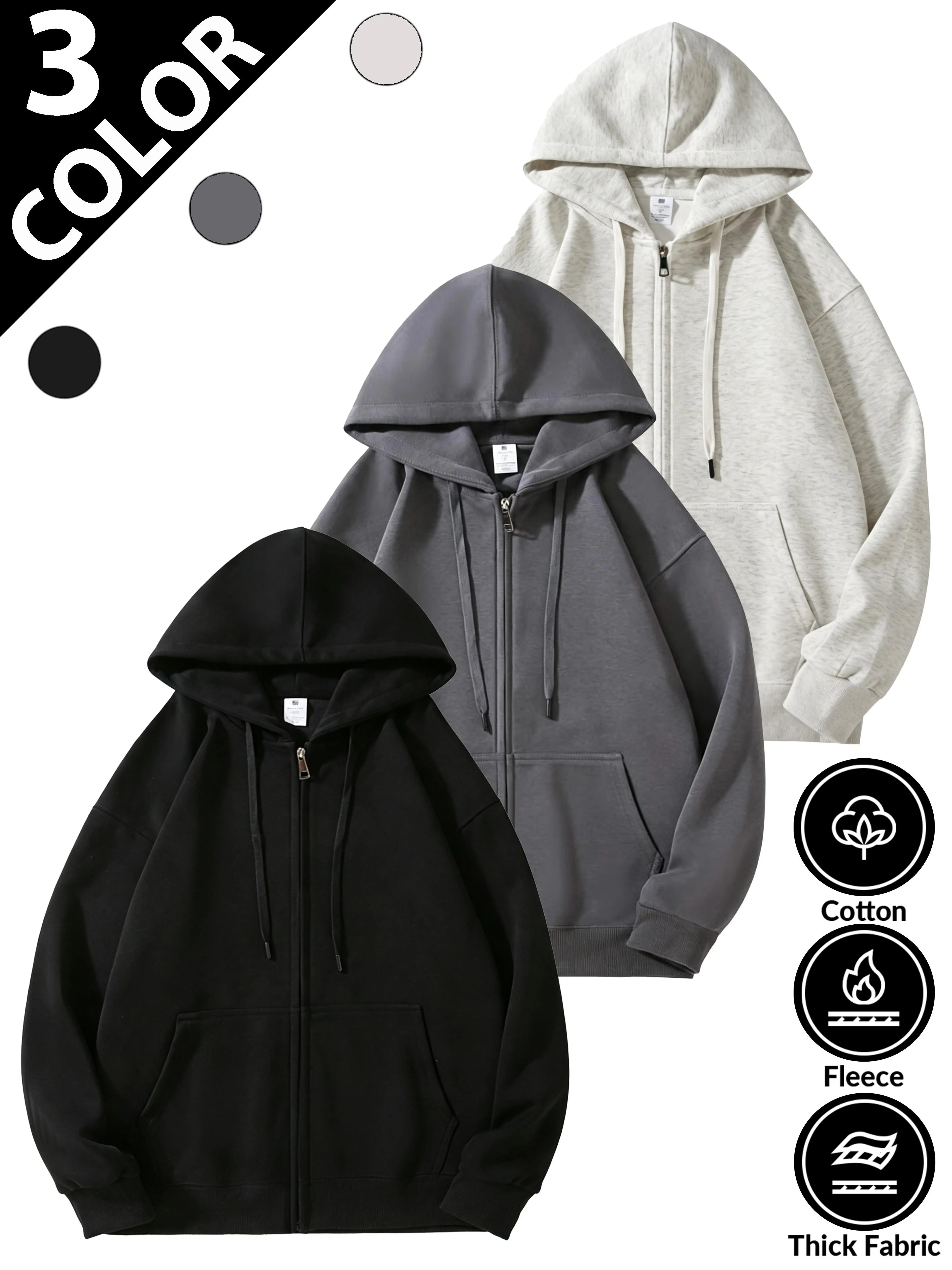 Menswear Thick Long Sleeve Plain Fleece-Lined Zip-Up Hoodie - 2026 Autumn & Winter Unisex Couple Casual Outerwear, Composite Cotton Fabric for Soft Cozy Warmth & Crisp Structure, Sweatshirts