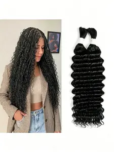 2 Bundles/Pack 1B Natural Black Human Braiding Hair, Deep Wave Bulk Brazilian Virgin Curly Hair, No Weft Wet And Wavy Hair For Boho Braids