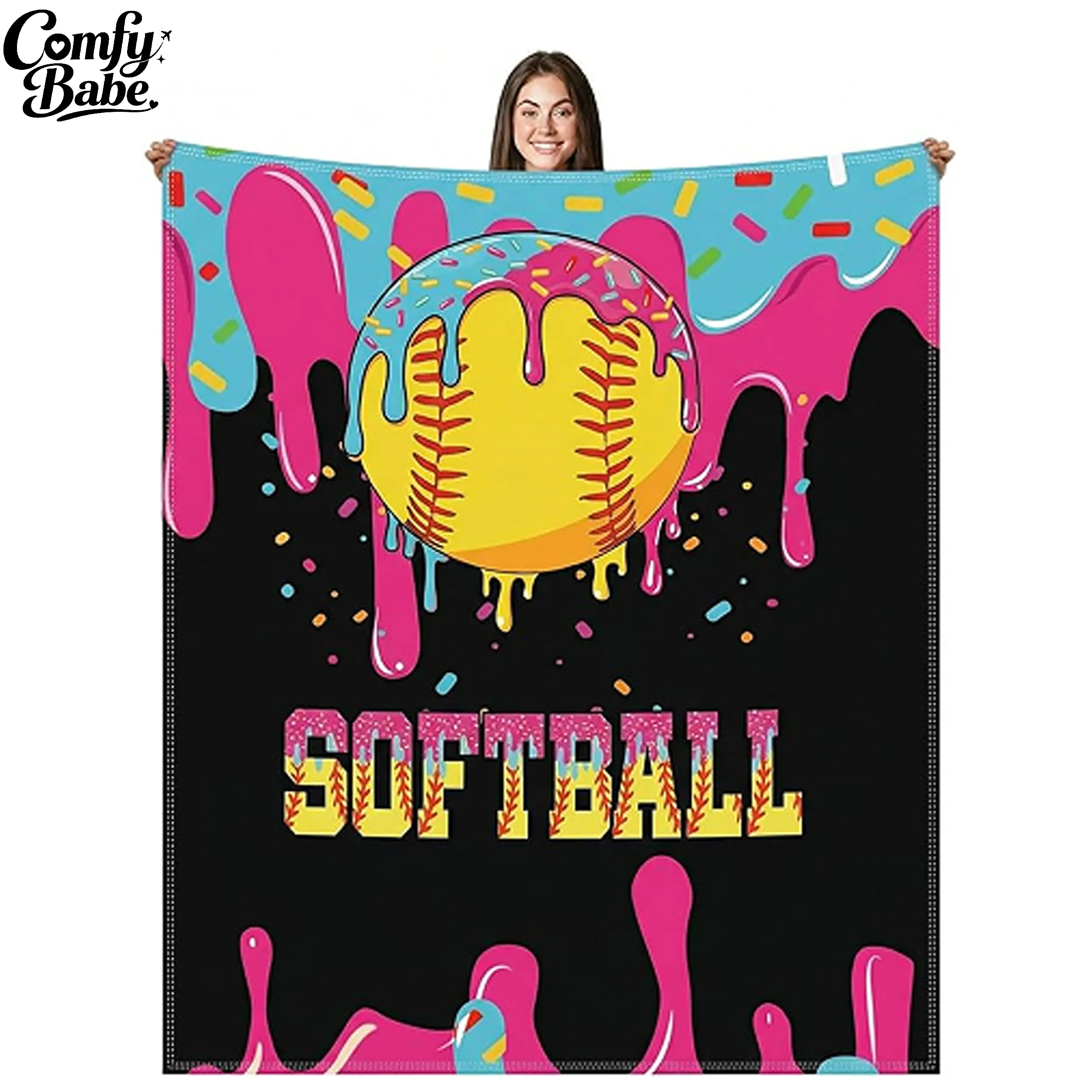 Softball Flannel Throw Blanket, Colorful Drip Softball Print Cozy Blanket for Couch Bed Sofa, Softball Player and Team Gift for Women and Teens