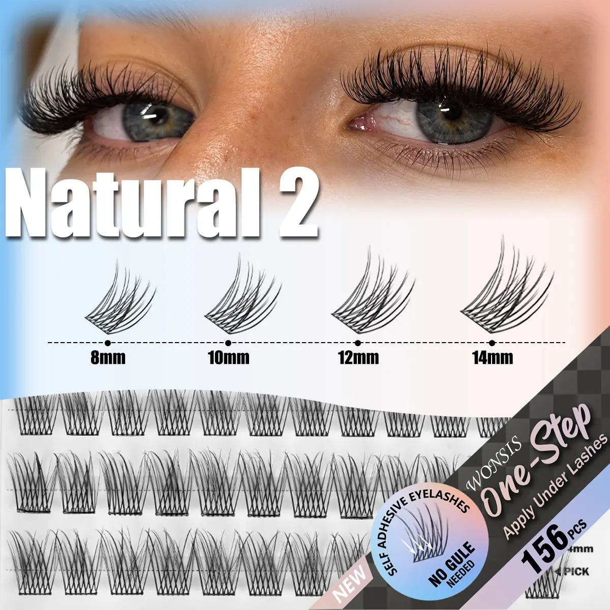 WONSIS Natural 2 Self Adhesive Eyelashes, 156 Pcs Self Adhesive Eyelash Clusters, No Glue Needed, Invisible Strip Tape - Longer Lasting, No Sticky Residue Pre Glued Eyelashes (Natural-Mixed) Makeup Cosmetic