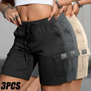 3-pack women’s summer casual cargo shorts with an elastic drawstring waist that can be adjusted, multiple pockets, suitable for yoga, running, and fitness; women’s cargo shorts with a summer vibe.