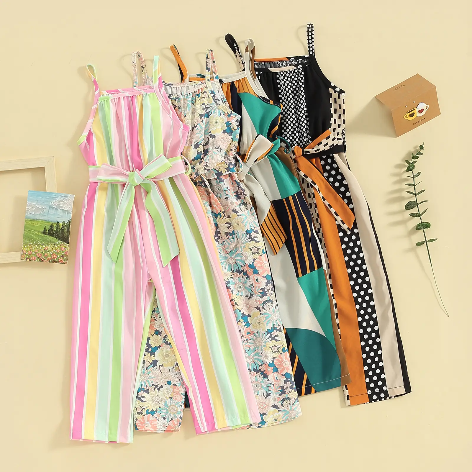 Canrulo Kids Girls Romper Jumpsuit Stripe/Contrast Color/Floral Sleeveless Spaghetti Strap Overalls Toddler Clothes Belt 1-6T