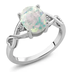 Gem Stone King 925 Sterling Silver Cabochon White Simulated Opal and White Diamond 3-Stone Ring For Women | 0.66 Cttw | Three Stone Wedding Engagement Anniversary Promise Ring For Women