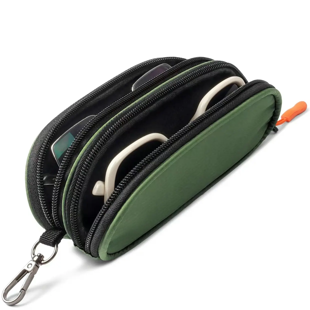 Soft Portable Double Eyeglass Case Zipper Sunglasses Bag with Keychain Clip for Men and Women, Travel-Friendly Glasses Holder, Glasses Storage and Sunglasses Organizer