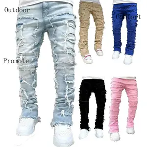 Outdoor wear Stretchy Vintage Be Stacked Jeans For Men Premium Raw Frayed Denim Destroyed Washed Patchworks Pants men jean