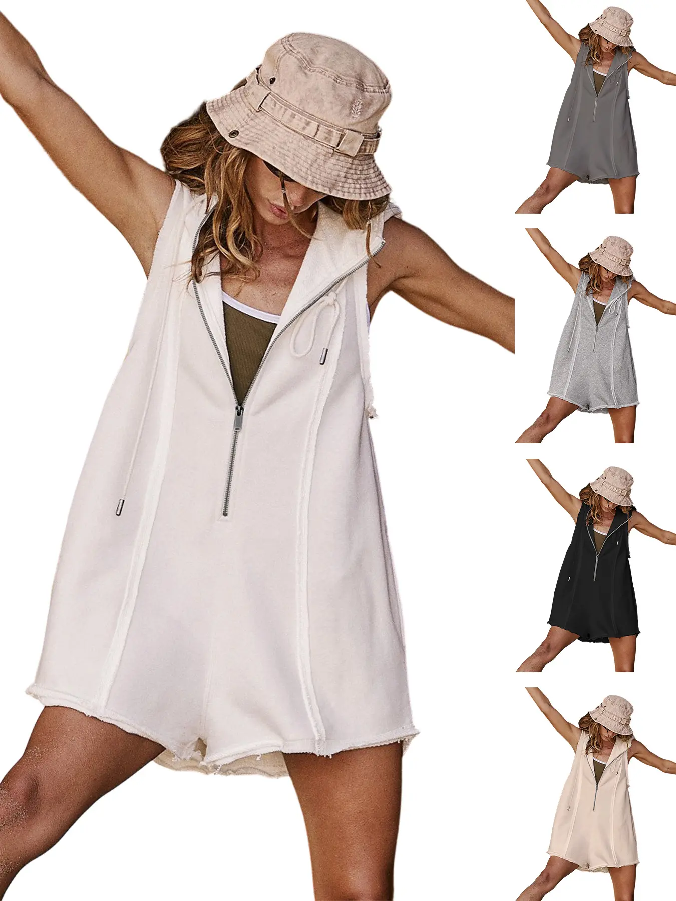 Women's Athleisure Romper, Sleeveless Hooded V-Neck with Half-Zip, Casual Knitting Loungewear with Pockets for Summer, Zipper, Style, Cotton, Flared, Retro, Drawstring, Jumpsuit, Outdoor, Everyday, Adjustable, Fabrics, Light, Fit, Soft, Leg, Comfortable