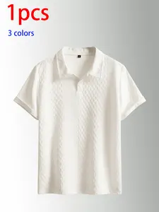 Minimalist textured short-sleeve polo shirt featuring diamond embossing, a basic solid-color design, lightweight breathable fabric, a loose fit that flatters all body types, comfortable wrinkle-resistant material, versatile styling for multiple occasions