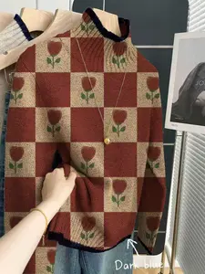 Women's Half High Neck Knitted Sweater, Casual Elegant Commuter Style, Heart Pattern, Floral, Suitable for Spring Fall Winter, Rose