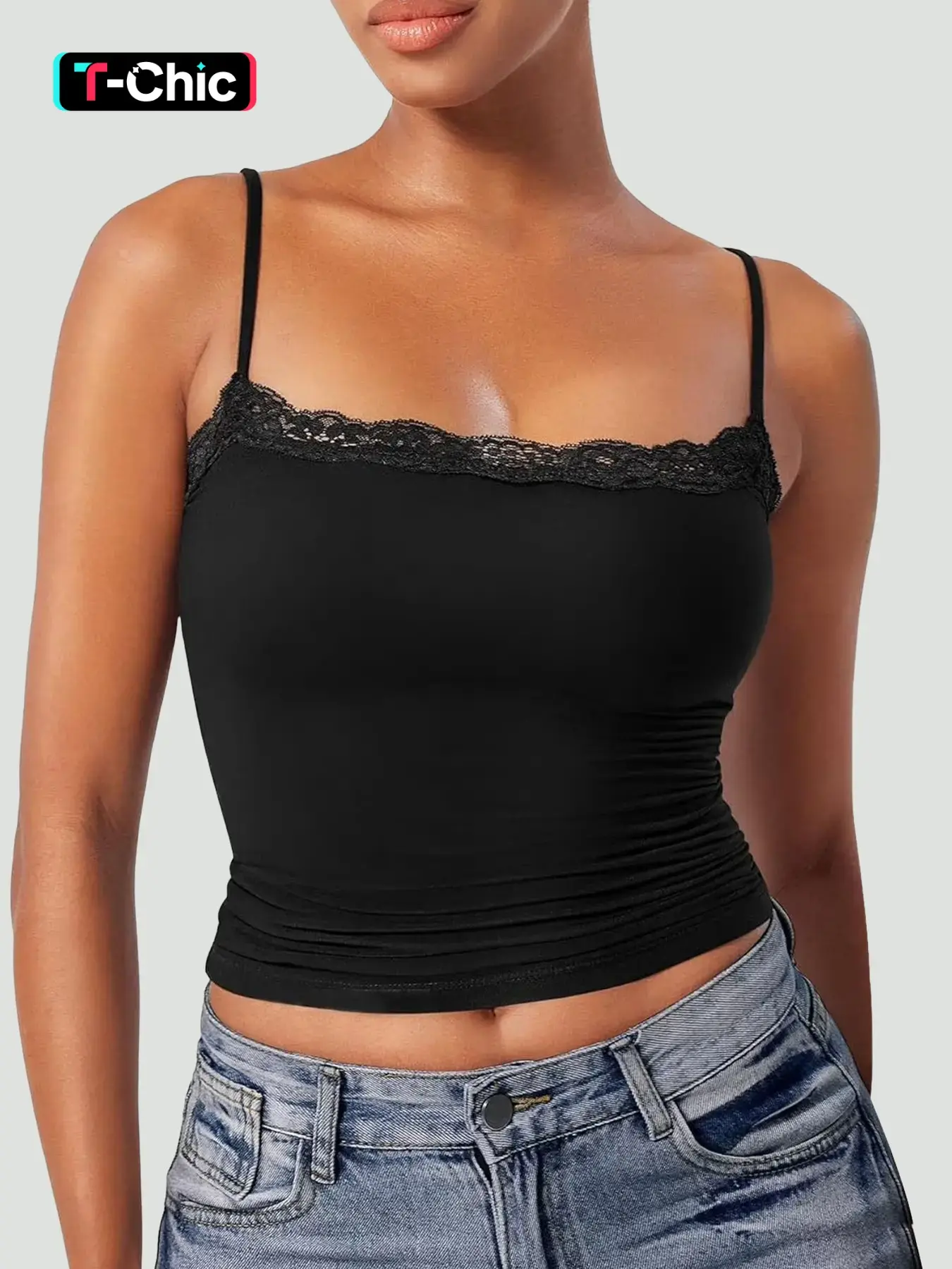 This Lace Cami is Casual Basic Chic Vibes Ruched Spaghetti Strap Sleeveless Short Cropped Top Fit Womenswear Casual Fitted Sleeveless