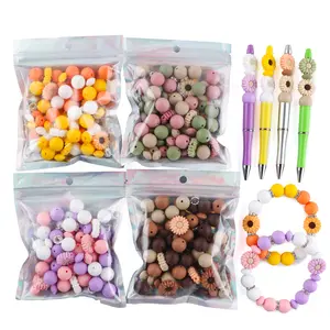 86PCS Silicone Beads Set, Sunflower Focal Beads for Keychain Making, Lentil Silicone Round Beads 12mm 15mm, 10mm Rhinestone Spacer Beads for Pens, DIY Cratfs