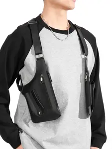 1pc Tactical style PU leather shoulder bag for men, multi pocket adjustable shoulder strap functional shoulder bag, cyberpunk style workwear armpit bag, trendy and cool outfit with vest bag