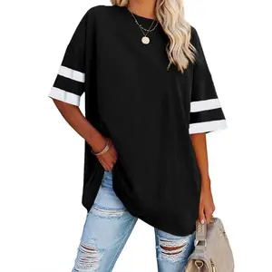 Imily Bela Essentials Womens Oversized Tees Loose T Shirts Half Sleeve Crew Neck Color Block Cotton Tunic Tops