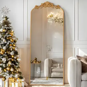 Arched Full Length Mirror, Floor Mirror Freestanding with Carved Metal Frame & Bottom Art Carved, Hanging Mounted Mirror for Living Room, Full Body Mirror for HomeDecor, Standing/Halling Large Wall Mirror for Bedroom